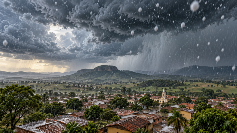 Ilustração editorial de tempestade com granizo sobre cidade goiana.