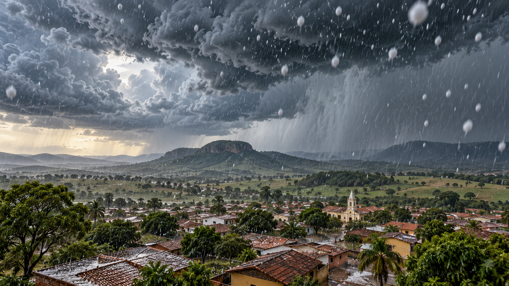Ilustração editorial de tempestade com granizo sobre cidade goiana.