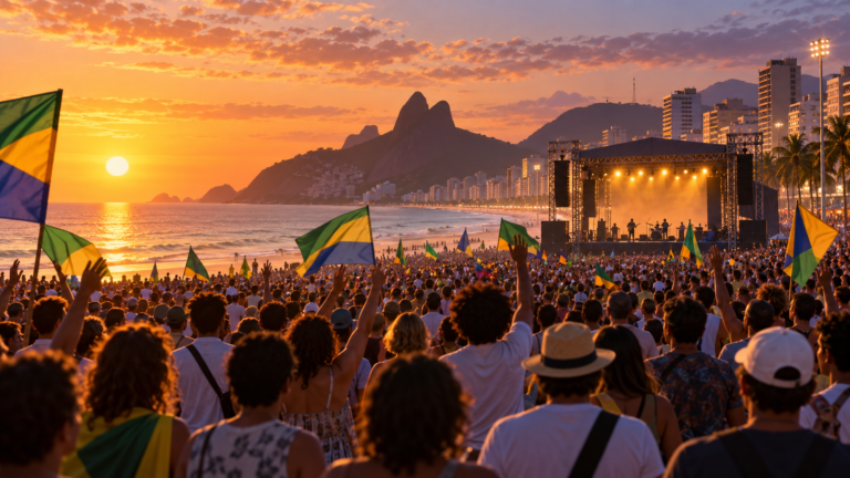 Ilustração editorial de manifestação pacífica em Copacabana com artistas anônimos no palco.