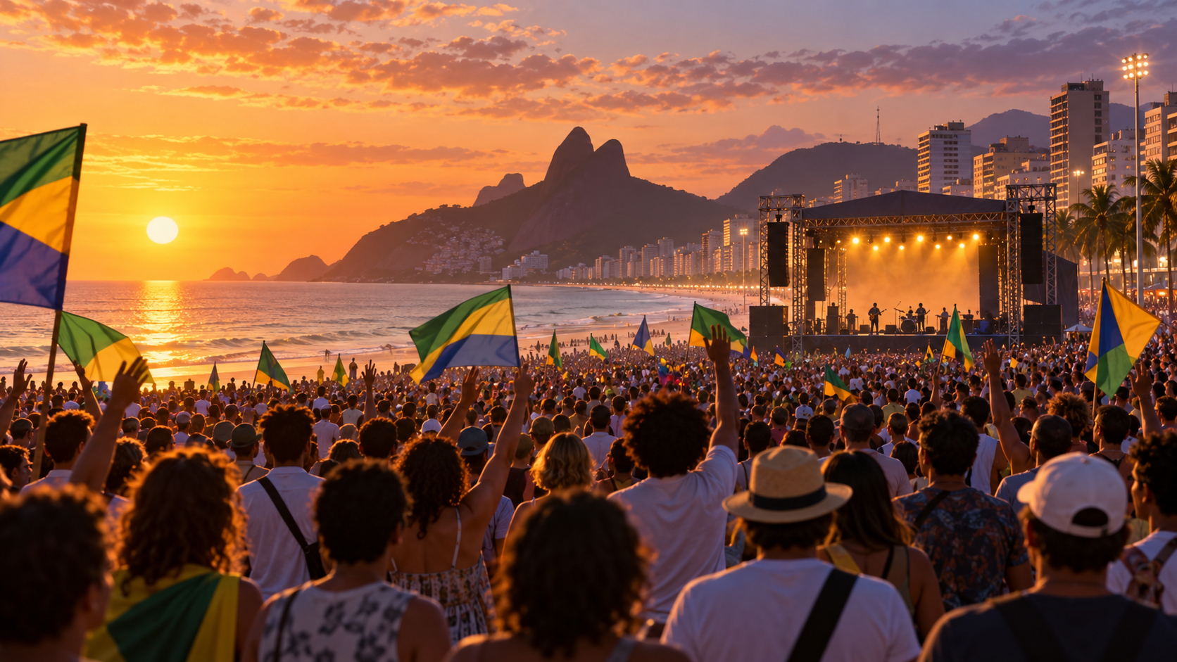 Ilustração editorial de manifestação pacífica em Copacabana com artistas anônimos no palco.