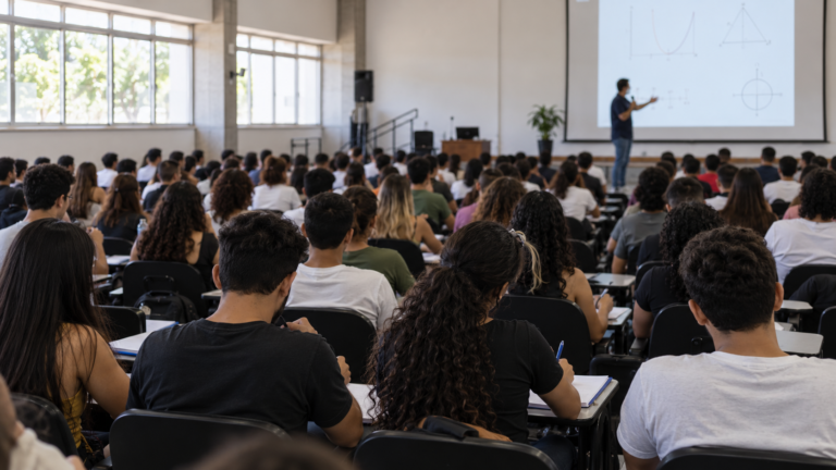 Estudantes acompanham aula preparatória gratuita para o Enem em Goiás.