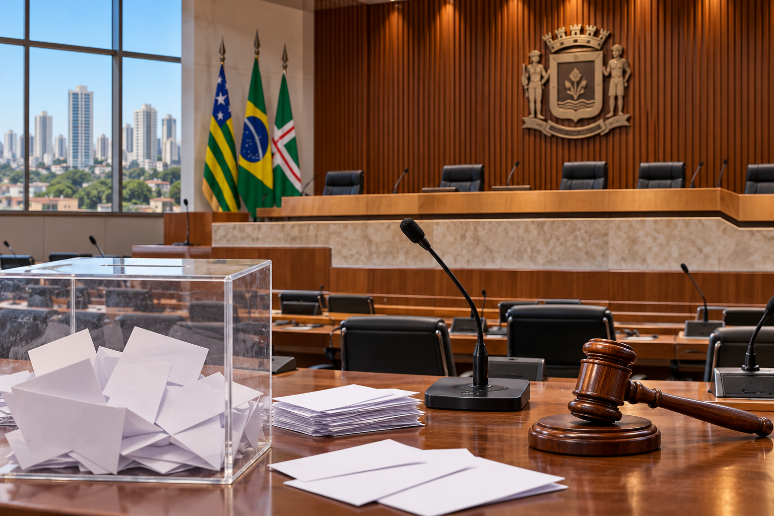 Ilustração editorial de plenário da Câmara Municipal com urna e martelo para votação.