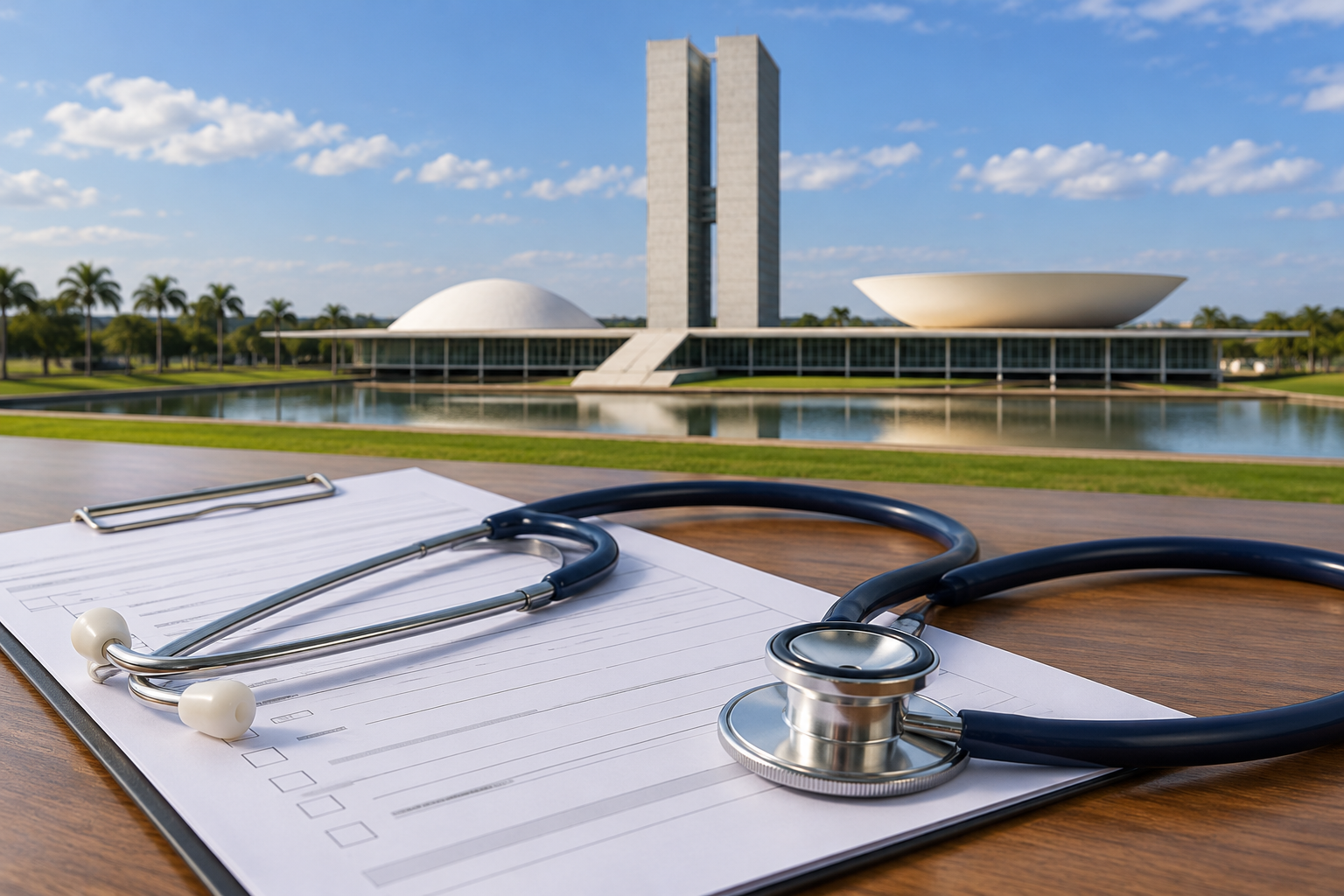 Ilustração editorial de estetoscópio, prova médica e Congresso Nacional ao fundo.