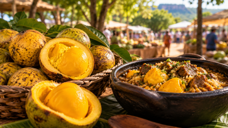 Pequi e prato regional goiano em mercado ao ar livre.