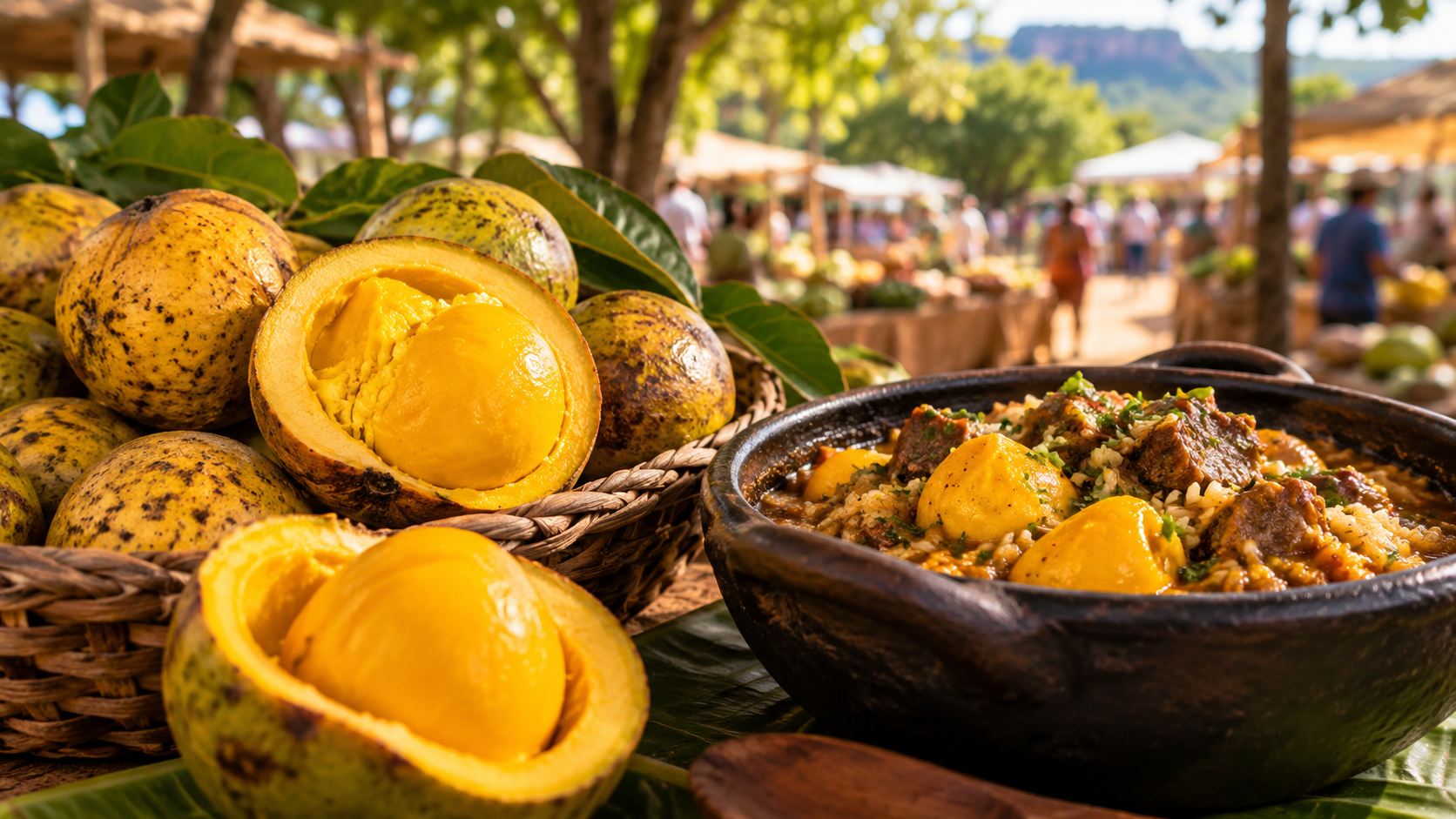 Pequi e prato regional goiano em mercado ao ar livre.