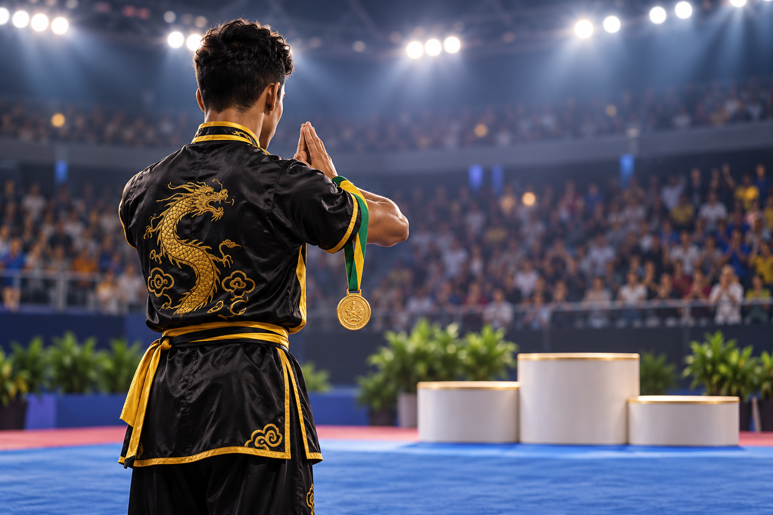 Ilustração editorial de atleta de kung fu no pódio com medalha.