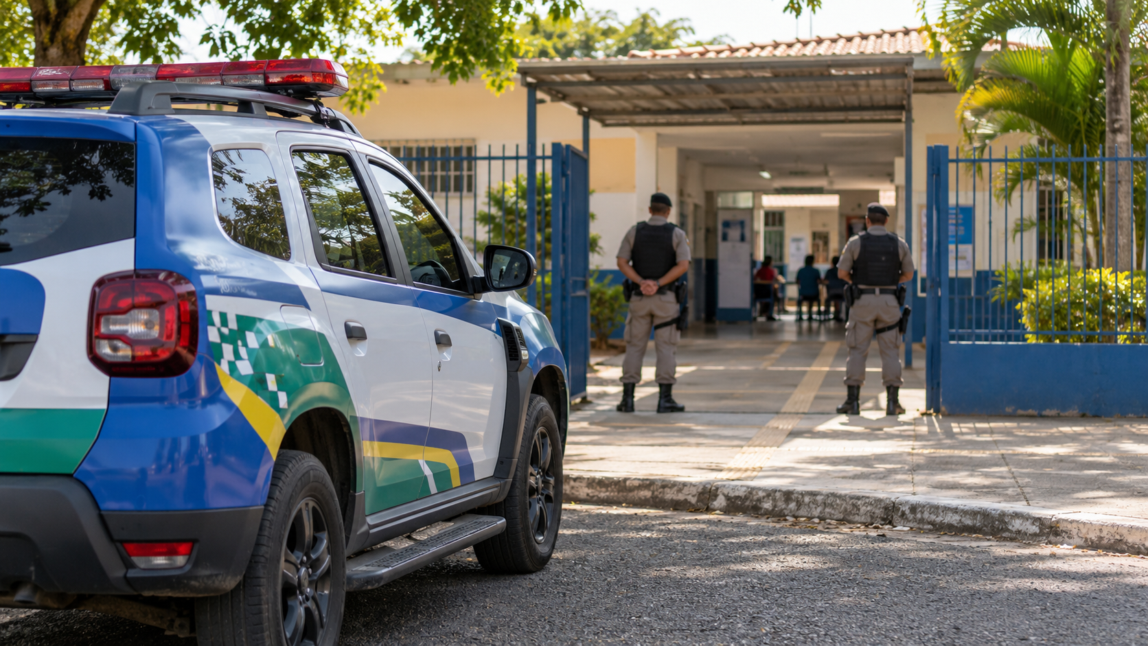 Viatura policial e agentes ao lado de uma escola preparada para a votação em Goiás.